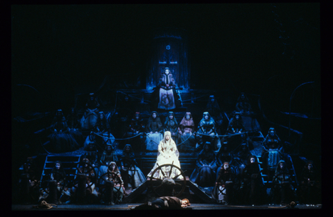 Christiane Young (Mary), Deborah Polaski (Senta), Chorus, Der Fliegende Holländer, Richard Wagner. San Francisco Opera, 1988-89. Photographer: Ron Scherl/San Francisco Opera.