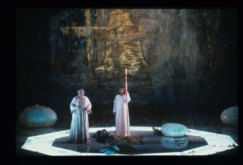 Kurt Moll (Gurnemanz), René Kollo (Parsifal), Parsifal, Richard Wagner. San Francisco Opera, 1988-89. Photographer: Ron Scherl/San Francisco Opera.