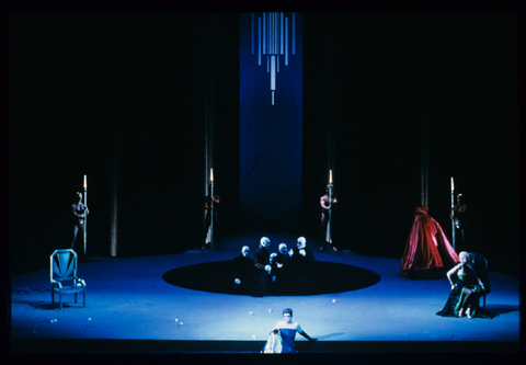 Dennis Petersen, Daniel Harper, Kevin Anderson, John David De Haan, Mark Coles (Five Jews), James King (Herod), Gwyneth Jones (Salome), Helga Dernesch (Herodias), Supernumeraries, Salome, Richard Strauss. San Francisco Opera, 1987-88. Photographer: Ron Scherl/San Francisco Opera.