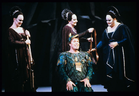 Kathryn Cowdrick (Second Lady), Judith Christin (Third Lady), Deborah Voigt (First Lady), David Malis (Papageno), Die Zauberflöte, Wolfgang Amadeus Mozart. San Francisco Opera, 1987-88. Photographer: Ron Scherl/San Francisco Opera.