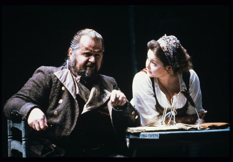 Paul Plishka (Rocco), Cheryl Parrish (Marzelline), Fidelio, Ludwig van Beethoven. San Francisco Opera, 1987-88. Photographer: Ron Scherl/San Francisco Opera.