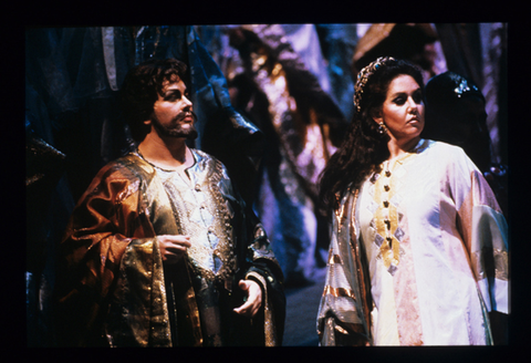 Quade Winter (Ismaele), Leslie Richards (Fenena), Nabucco, Giuseppe Verdi. San Francisco Opera, 1987-88. Photographer: Ron Scherl/San Francisco Opera.