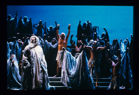 Paul Plishka (Zaccaria), Chorus, Nabucco, Giuseppe Verdi. San Francisco Opera, 1987-88. Photographer: Ron Scherl/San Francisco Opera.