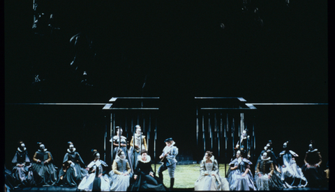 Stefania Toczyska (Princesse Eboli), Susan Patterson (Thibault), Chorus, Don Carlos, Giuseppe Verdi. San Francisco Opera, 1986-87. Photographer: Ron Scherl/San Francisco Opera.