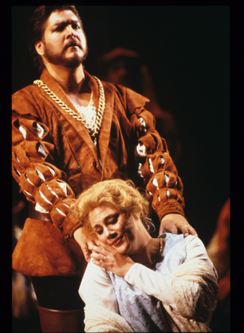 Alan Titus (Valentin), Mary Jane Johnson (Marguerite), Faust, Charles Gounod. San Francisco Opera, 1986-87. Photographer: Ron Scherl/San Francisco Opera.