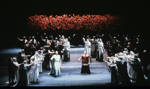 Daniel Harper (Malcolm), Vladimir Popov (Macduff), Chorus, Macbeth, Giuseppe Verdi. San Francisco Opera, 1986-87. Photographer: Ron Scherl/San Francisco Opera.