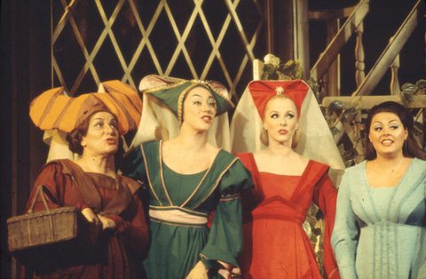 Lili Chookasian (Mistress Quickly), Sylvia Anderson (Meg Page), Mary Costa (Alice Ford), Margaret Price (Nannetta), Falstaff, Giuseppe Verdi. San Francisco Opera, 1970. Photographer: Robert Cahen/San Francisco Opera.