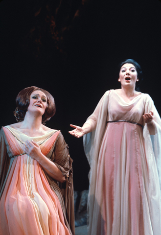 Joan Sutherland (Norma), Huguette Tourangeau (Adalgisa), Norma, Vincenzo Bellini. San Francisco Opera, 1972. Photographer: Carolyn Mason Jones/San Francisco Opera.