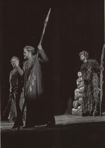 Richard Holm (Loge), Thomas Stewart (Wotan), Philip Booth (Fafner), Das Rheingold, Richard Wagner. San Francisco Opera, 1972. Photographer: Ken Howard/San Francisco Opera.