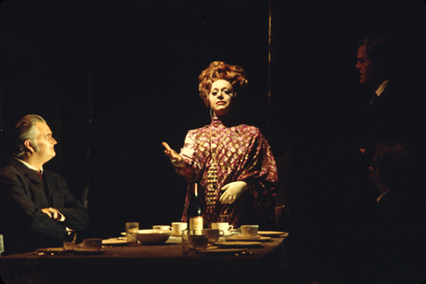 Regina Resnik (Claire Zachanassian), Ensemble, The Visit of the Old Lady, Gottfried von Einem. San Francisco Opera, 1972. Photographer: Ken Howard/San Francisco Opera.