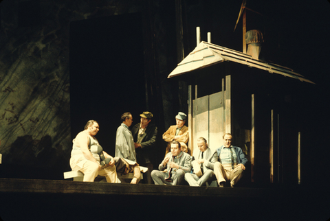 Act III, Ensemble, The Visit of the Old Lady, Gottfried von Einem. San Francisco Opera, 1972. Photographer: Ken Howard/San Francisco Opera.