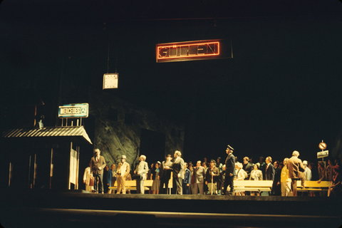 Act I, Ensemble, The Visit of the Old Lady, Gottfried von Einem. San Francisco Opera, 1972. Photographer: Ken Howard/San Francisco Opera.