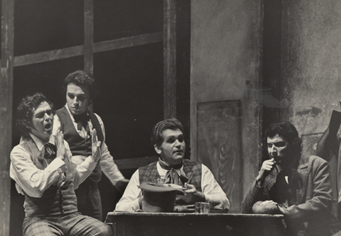 Timothy Nolen (Schaunard), José Carreras (Rodolfo), Bruce Yarnell (Marcello), Maurizio Mazzieri (Colline), La Bohème, Giacomo Puccini. San Francisco Opera, 1973. Photographer: Carolyn Mason Jones/San Francisco Opera.