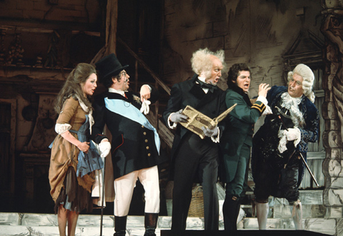 Frederica von Stade (Cenerentola), Renato Capecchi (Dandini), E. Lee Davis (Alidoro), Ugo Benelli (Don Ramiro), Paolo Montarsolo (Don Magnifico), La Cenerentola, Gioachino Rossini. San Francisco Opera, 1974. Photographer: Carolyn Mason Jones/San Francisco Opera.