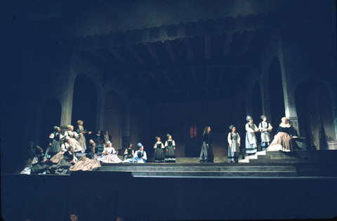 Katia Ricciarelli (Luisa Miller), Chorus, Luisa Miller, Giuseppe Verdi. San Francisco Opera, 1974. Photographer: Carolyn Mason Jones/San Francisco Opera.