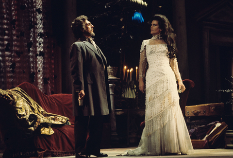 Joshua Hecht (Dr. Kolenaty), Anja Silja (Emilia Marty), Vĕc Makropulos, Leoš Janáček. San Francisco Opera, 1976-77. Photographer: Greg Peterson/San Francisco Opera.