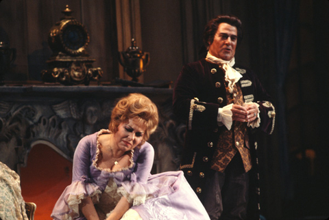 Renata Scoto (Adriana Lecouvreur), Giuseppe Taddei (Michonnet), Adriana Lecouvreur, Francesco Cilea. San Francisco Opera, 1977. Photographer: Ron Scherl/San Francisco Opera.