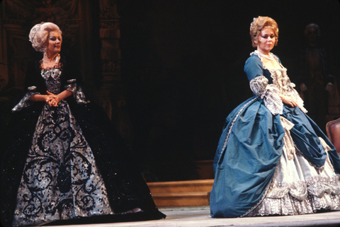 Elena Obraztsova (Princess de Bouillon), Renata Scotto (Adriana Lecouvreur), Adriana Lecouvreur, Francesco Cilea. San Francisco Opera, 1977. Photographer: Ron Scherl/San Francisco Opera.