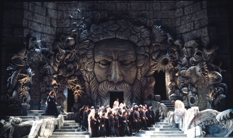 Carol Neblett (Electra), Christiane Eda-Pierre (Ilia), Maria Ewing (Idamante), Eric Tappey (Idomeneo), Chorus, Idomeneo, Wolfgang Amadeus Mozart. San Francisco Opera, 1977. Photographer: Ron Scherl/San Francisco Opera.