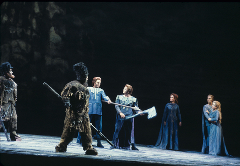 Alexander Malta (Fasolt), Aldo Bramante (Fafner), Franz-Ferdinand Nentwig (Wotan), Lowrence Cooper (Donner), Hanna Schwarz (Fricka), Barry McCauley (Froh), Carol Todd (Freia), Das Rheingold, Richard Wagner. San Francisco Opera, 1977. Photographer: Ron Scherl/San Francisco Opera.