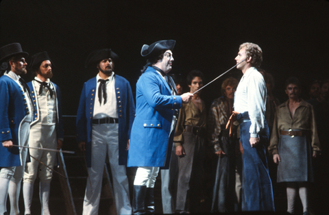 Forbes Robinson (Claggart), Dale Duesing (Billy Budd), Ensemble, Billy Budd, Benjamin Britten. San Francisco Opera, 1978. Photographer: Ron Scherl/San Francisco Opera.