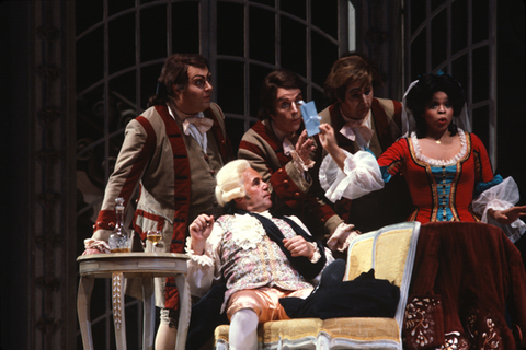 Walter Berry (Baron Ochs), Patricia Miller (Annina), Ensemble, Der Rosenkavalier, Richard Strauss. San Francisco Opera, 1978. Photographer: Ron Scherl/San Francisco Opera.