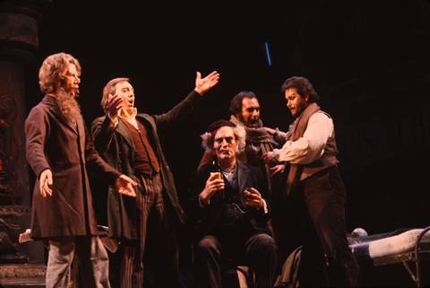 Samuel Ramey (Colline), Giacomo Aragall (Rodolfo), Federico Davia (Benoit), Dale Duesing (Schaunard), Brent Ellis (Marcello), La Bohème, Giacomo Puccini. San Francisco Opera, 1978. Photographer: Ron Scherl/San Francisco Opera.