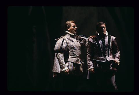 Wolfgang Brendl (Rodrigo), Giacomo Aragall (Don Carlo), Don Carlo, Giuseppe Verdi. San Francisco Opera, 1979. Photographer: Ron Scherl/San Francisco Opera.