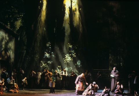 Giuseppe Taddei (Fra Melitone), Martti Talvela (Padre Guardiano), Ensemble, La Forza del Destino, Giuseppe Verdi. San Francisco Opera, 1979. Photographer: Ron Scherl/San Francisco Opera.