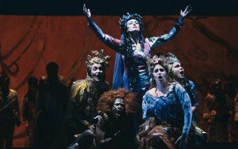 Barbara Carter (Queen of the Night), Rebecca Cook (First Lady), Gwendolyn Jones (Second Lady), Fredda Rakusin (Third Lady), Steven Cole (Monostatos), The Magic Flute, Wolfgang Amadeus Mozart. San Francisco Opera, 1980-81. Photographer: Ron Scherl/San Francisco Opera.