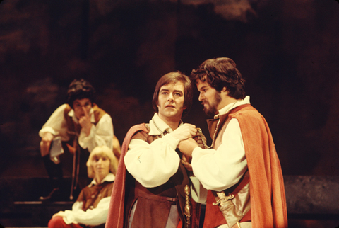 Janice Felty (Nerillo), Supernumerary, Grayson Hirst (Ormindo), Stephen Mosel (Amida), L'Ormindo, Francesco Cavalli. San Francisco Opera/SPOT, 1974. Photographer: Ron Scherl/San Francisco Opera.