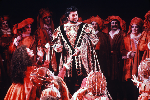 Peter Dvorsky (Duke of Mantua), Ensemble, Rigoletto, Giuseppe Verdi. San Francisco Opera, 1980-81. Photographer: Ron Scherl/San Francisco Opera.