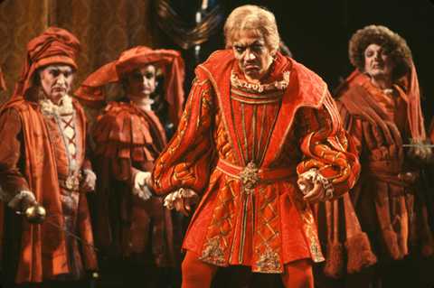 Garbis Boyagian (Rigoletto), Chorus, Rigoletto, Giuseppe Verdi. San Francisco Opera, 1980-81. Photographer: Ron Scherl/San Francisco Opera.