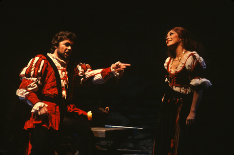 Peter Dvorsky (Duke of Mantua), Victoria Vergara (Maddalena), Rigoletto, Giuseppe Verdi. San Francisco Opera, 1980-81. Photographer: Ron Scherl/San Francisco Opera.