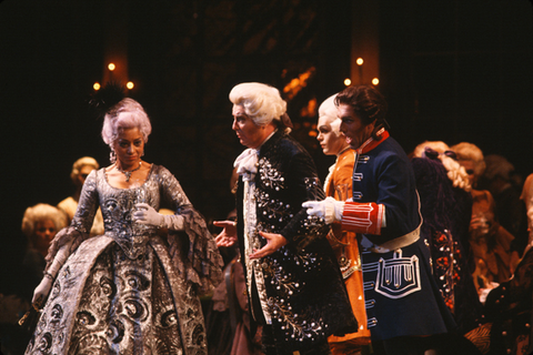 Reri Grist (Manon), Stuart Burrows (Des Grieux), Dale Duesing (Lescaut), Chorus, Manon, Jules Massenet. San Francisco Opera, 1981-82. Photographer: Ron Scherl/San Francisco Opera.