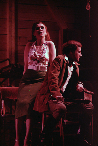 Alexandra Hunt (Curley's wife), Harry Danner (Curley), Of Mice and Men, Carlisle Floyd. San Francisco Opera/SPOT, 1974. Photographer: Carolyn Mason Jones/San Francisco Opera.