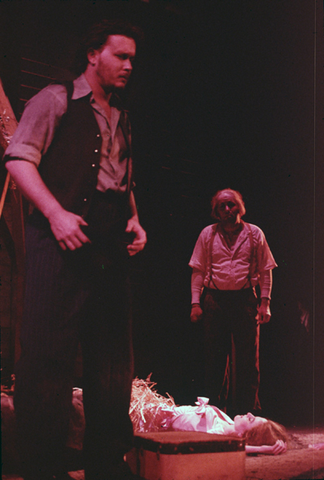 Brent Ellis (George), Alxandra Hunt (Curley's wife), Richard Clark (Candy), Of Mice and Men, Carlisle Floyd. San Francisco Opera/SPOT, 1974. Photographer: Carolyn Mason Jones/San Francisco Opera.