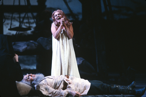 Anja Silja (Katerina Ismailova), Chester Ludgin (Boris Ismailov), Lady Macbeth of Mtsensk, Dmitri Shostakovich. San Francisco Opera, 1981-82. Photographer: Ron Scherl/San Francisco Opera.