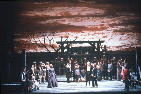 Anja Silja (Katerina Ismailova), Chester Ludgin (Boris Ismailov), Jacque Trussel (Zinovy), William Lewis (Sergei), Chorus, Lady Macbeth of Mtsensk, Dmitri Shostakovich. San Francisco Opera, 1981-82. Photographer: Ron Scherl/San Francisco Opera.