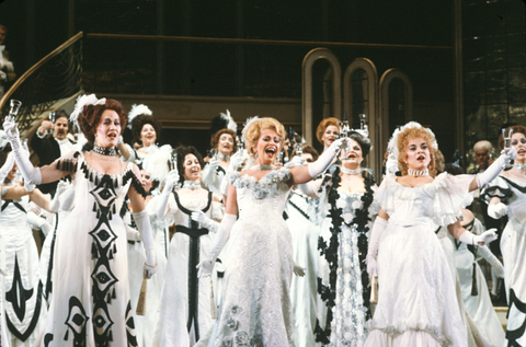 Phyllis Hunter (Olga), Judith Forst (Valencienne), Ingrid Olsson (Praskowia), The Merry Widow, Franz Lehár. San Francisco Opera, 1981-82. Photographer: Ron Scherl/San Francisco Opera.