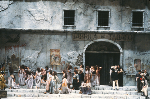 Act I, Chorus, Carmen, Georges Bizet. San Francisco Opera, 1981-82. Photographer: Ron Scherl/San Francisco Opera.