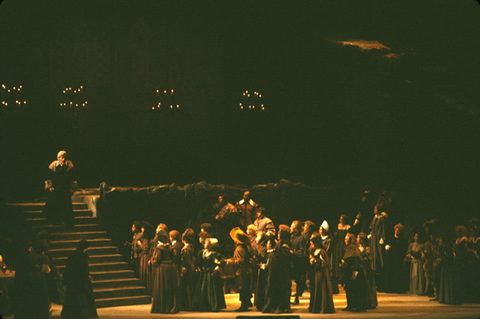 Ferruccio Furlanetto (Raimondo), Chorus, Lucia di Lammermoor, Gaetano Donizetti. San Francisco Opera, 1981-82. Photographer: Ron Scherl/San Francisco Opera.