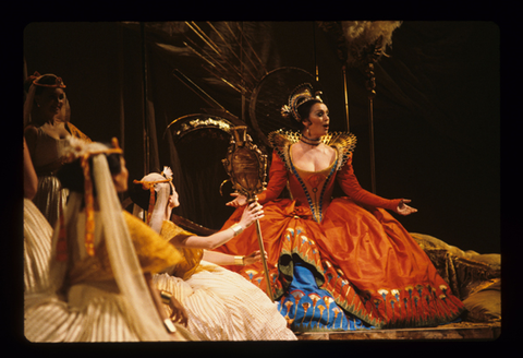 Valerie Masterson (Cleopatra), Ensemble, Giulio Cesare, George Frideric Handel. San Francisco Opera, 1981-82. Photographer: Ron Scherl/San Francisco Opera.