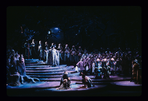 Linda Kelm, (Turandot), Barbara Daniels (Liù), Nicola Martinucci (Calaf), Ensemble, Turandot, Giacomo Puccini. San Francisco Opera, 1981-82. Photographer: Ron Scherl/San Francisco Opera.