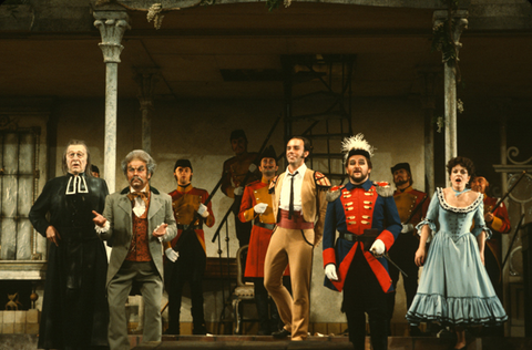 Cesare Siepi (Don Basilio), Enrico Fissore (Doctor Bartolo), Dale Duesing (Figaro), Dano Raffanti (Count Almaviva), Margarita Zimmermann (Rosina), Supernumeraries, Il Barbiere di Siviglia, Gioachino Rossini. San Francisco Opera, 1981-82. Photographer: Ron Scherl/San Francisco Opera.