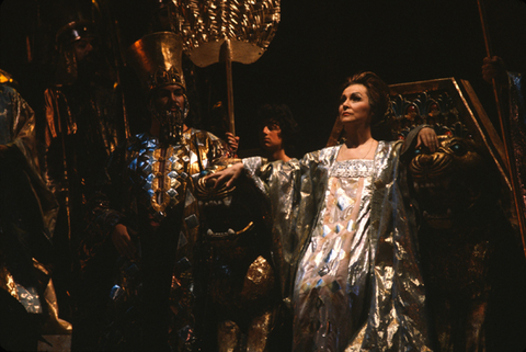 Olivia Stapp (Abigaille), Ensemble, Nabucco, Giuseppe Verdi. San Francisco Opera, 1981-82. Photographer: Ron Scherl/San Francisco Opera.