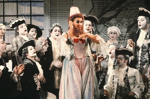 Mignon Dunn (Baba the Turk), Chorus, The Rake's Progress, Igor Stravinsky. San Francisco Opera, 1981-82. Photographer: Ron Scherl/San Francisco Opera.