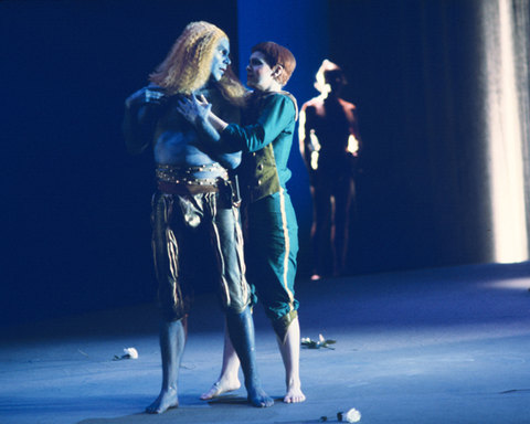 Howard Hensel (Narraboth), Susan Quittmeyer (Page), Salome, Richard Strauss. San Francisco Opera, 1982-83. Photographer: Ron Scherl/San Francisco Opera.