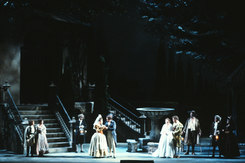 Faith Esham (Cherubino), Kathryn Gamberoni (Barbarina), Jonathan Green (Don Basilio), Helena Döse (Countess Almaviva), Tom Krause (Count Almaviva), Lucia Popp (Susanna), Hermann Prey (Figaro), Gregory Stapp (Antonio), Kevin Langan (Dr. Bartolo), Laura Brooks Rice (Marcellina), Le Nozze di Figaro, Wolfgang Amadeus Mozart. San Francisco Opera, 1982-83. Photographer: Ron Scherl/San Francisco Opera.