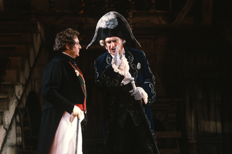 Sesto Bruscantini (Dandini), Paolo Montarsolo (Don Magnifico), La Cenerentola, Gioachino Rossini. San Francisco Opera, 1982-83. Photographer: Ron Scherl/San Francisco Opera.